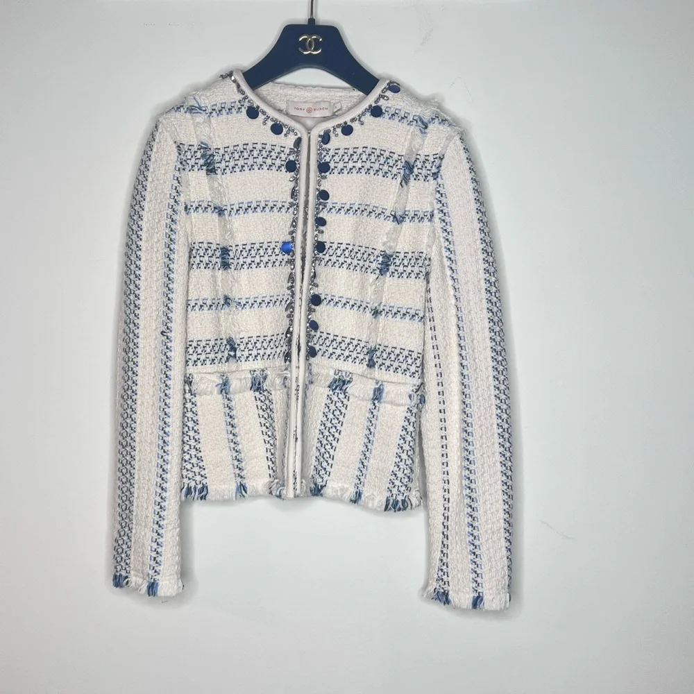 Tory Burch Abbot Embellished Striped Tweed Jacket XS - Picture 2 of 6